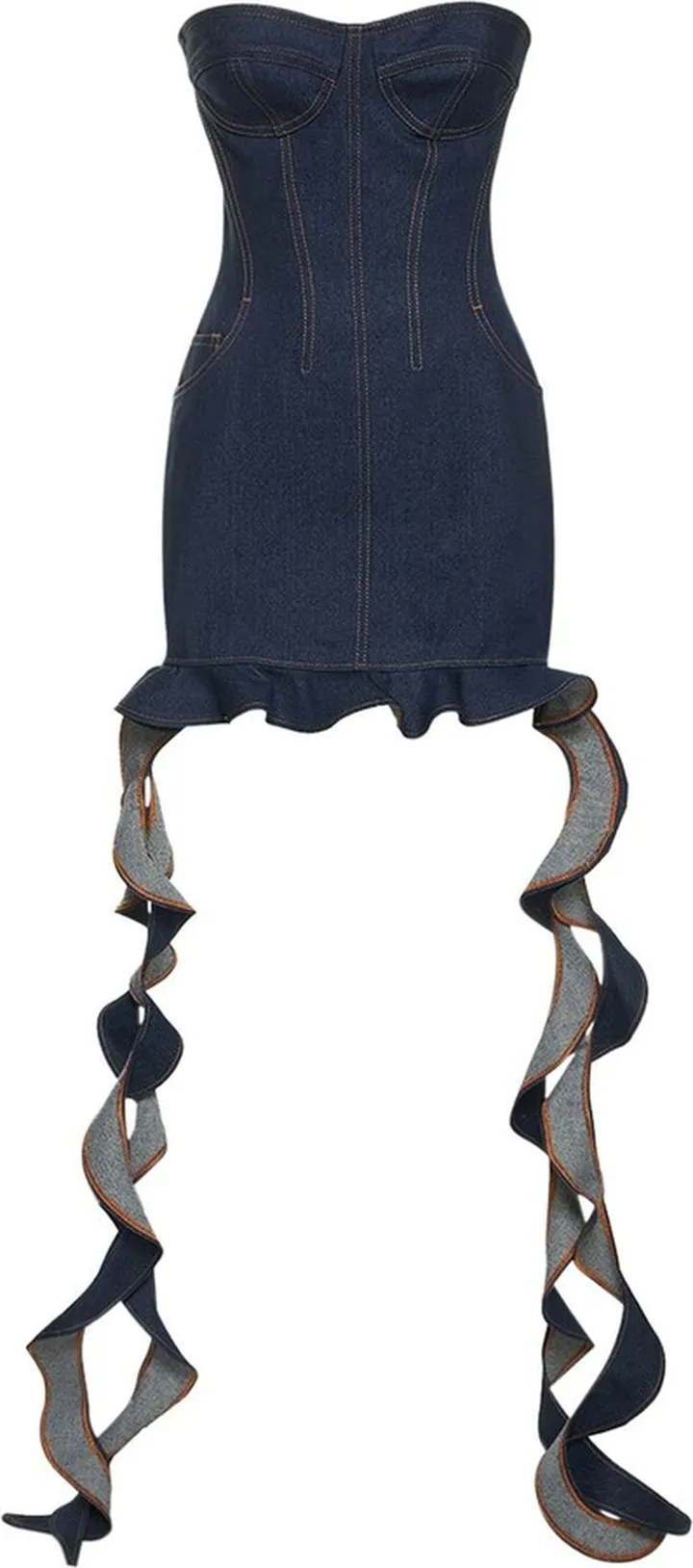 Ruffled cotton denim corset mini dress