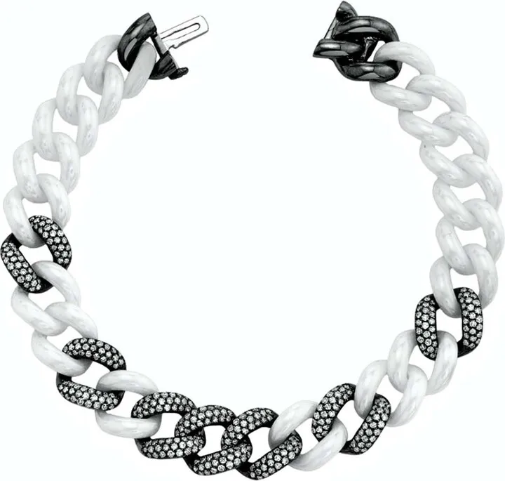 7 Diamond Pavé and White Ceramic Link Chain Blackened Gold Bracelet