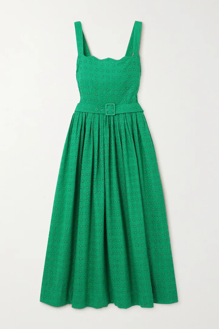 HVN - Allegra Belted Broderie Anglaise Cotton-voile Midi Dress - Green