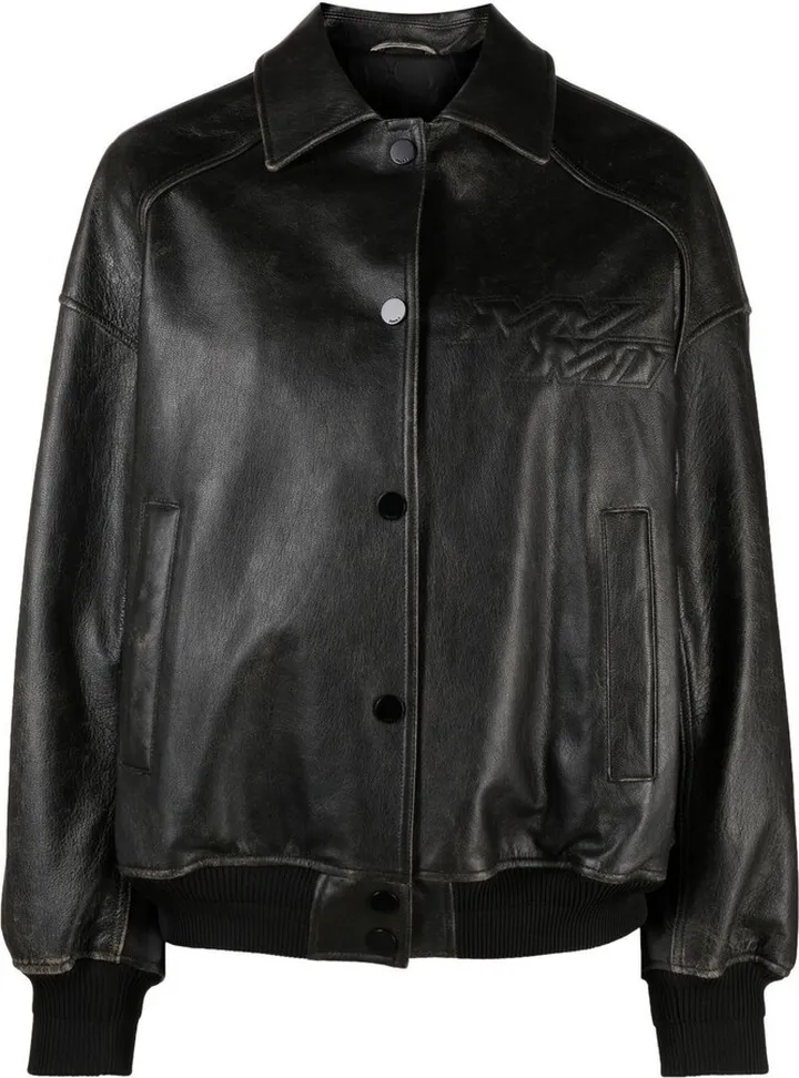 Debossed-Logo Leather Bomber Jacket