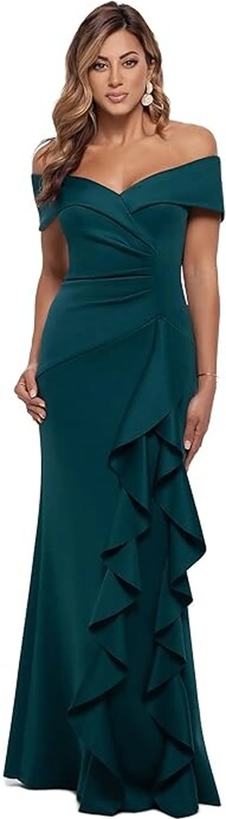 XSCAPE Long Scuba Off-the-Shoulder Ruffle Dress (Hunter) Women's Evening