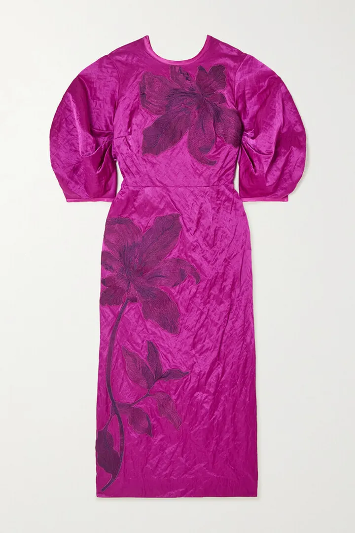 Erdem - Sandrine Bow-detailed Appliquéd Textured-satin Midi Dress - Purple