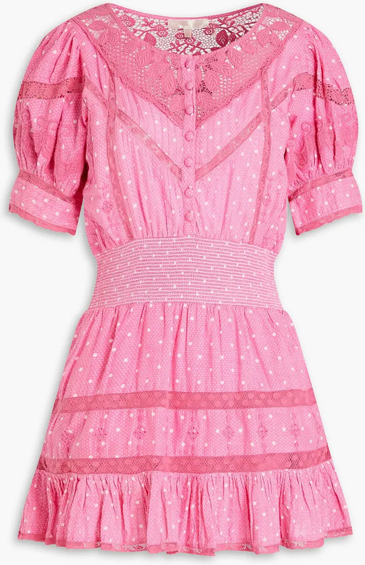 Jaislyn shirred polka-dot cotton mini dress