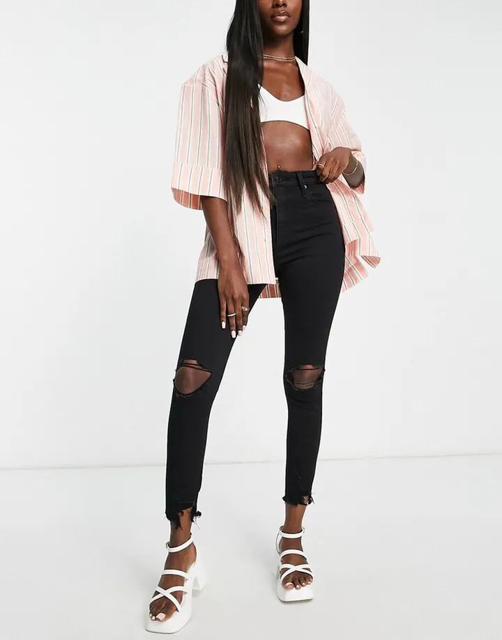 Abercrombie & Fitch black knee slit high rise ankle grazer jeans in black destroy