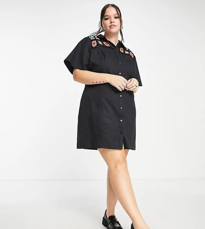 ASOS DESIGN Curve crochet shirt dress in black