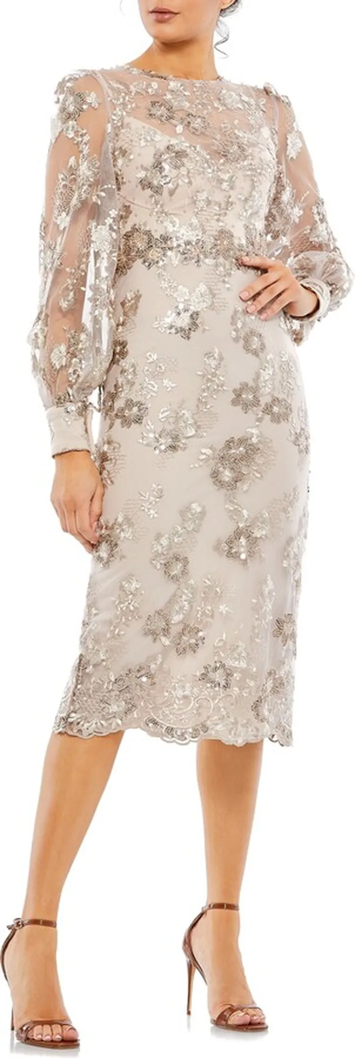 Sequin Floral Long Sleeve Cocktail Dress