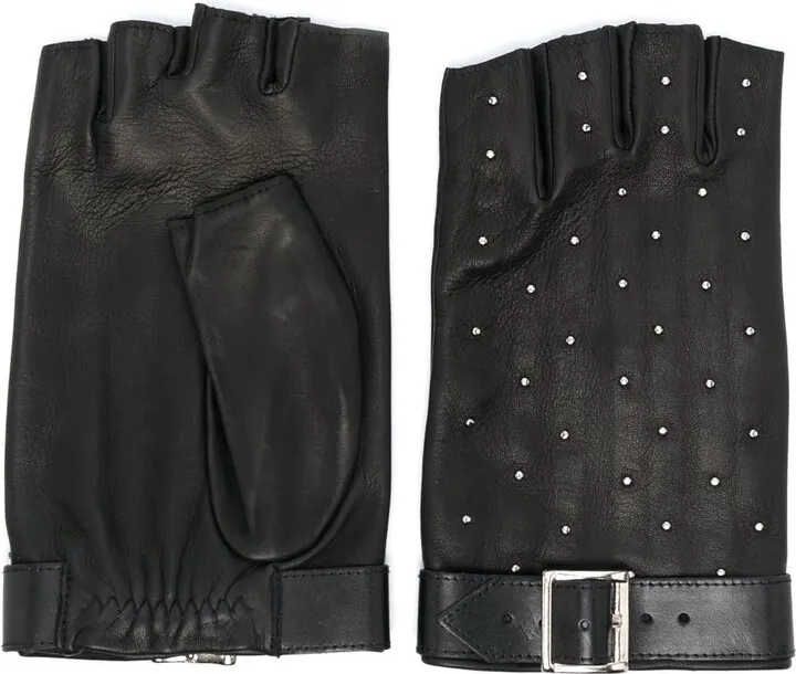 Brunette studded fingerless leather gloves