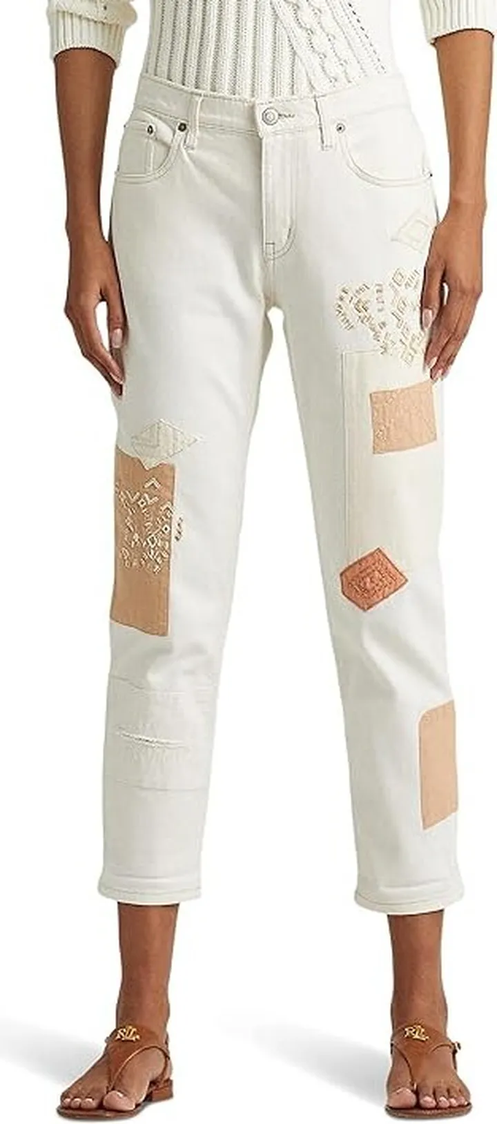 LAUREN Ralph Lauren Petite Patchwork Relaxed Tapered Ankle Jeans in Cream Wash (Cream Wash) Women's Jeans