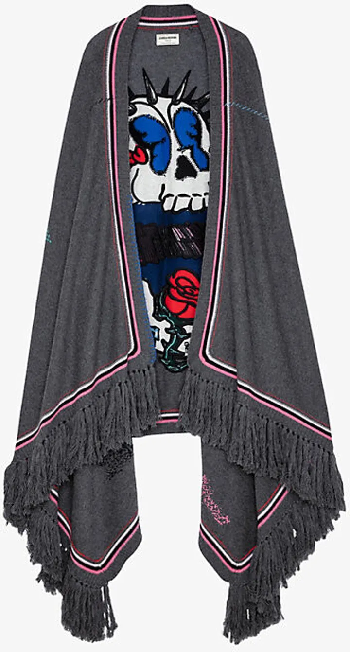 Womens Anthracite Skeleton Skull-print Cashmere Poncho