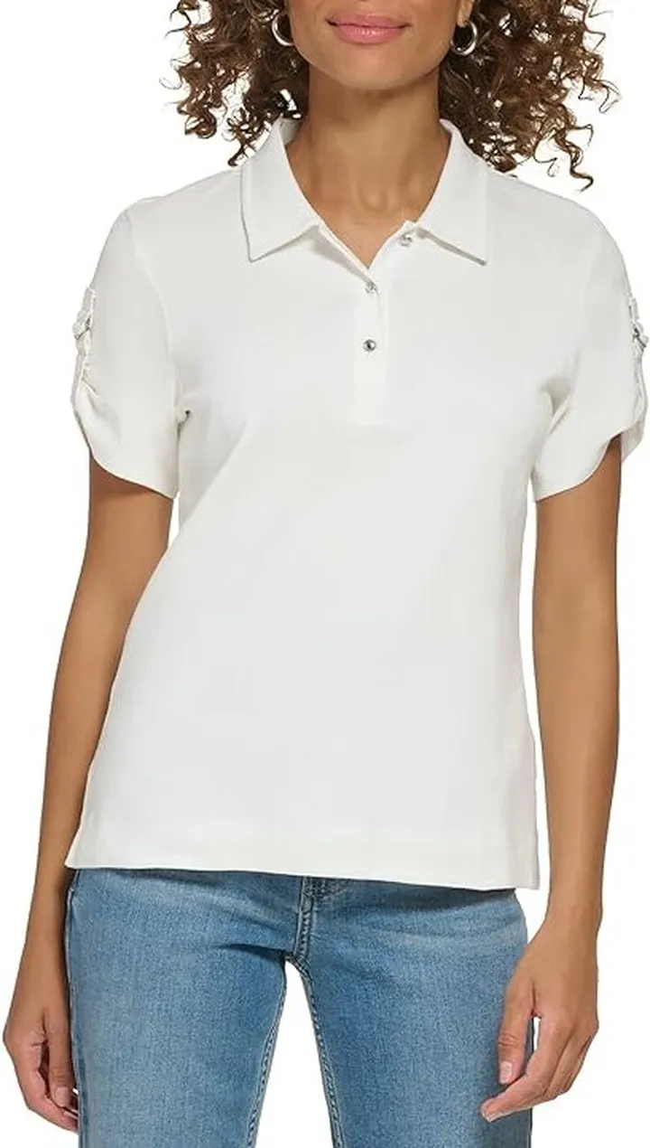 Calvin Klein Short Sleeve D-Ring Polo (Soft White) Women's Clothing