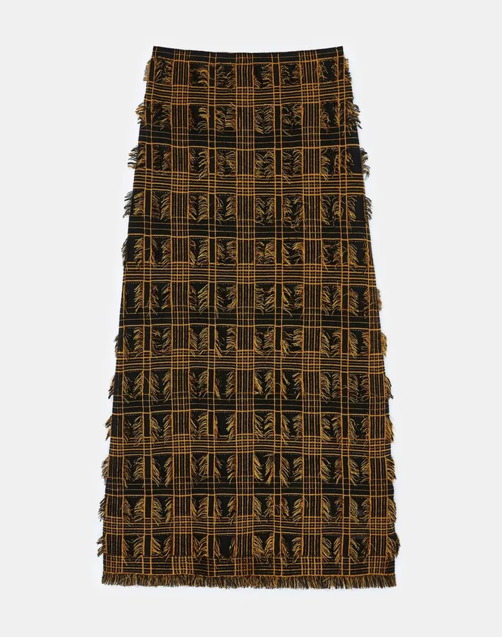 Plaid Jacquard Knit Fringed Midi Skirt