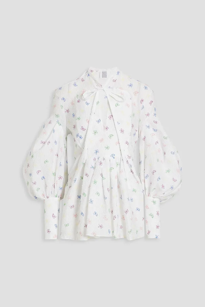 Pussy-bow embroidered cloqué blouse