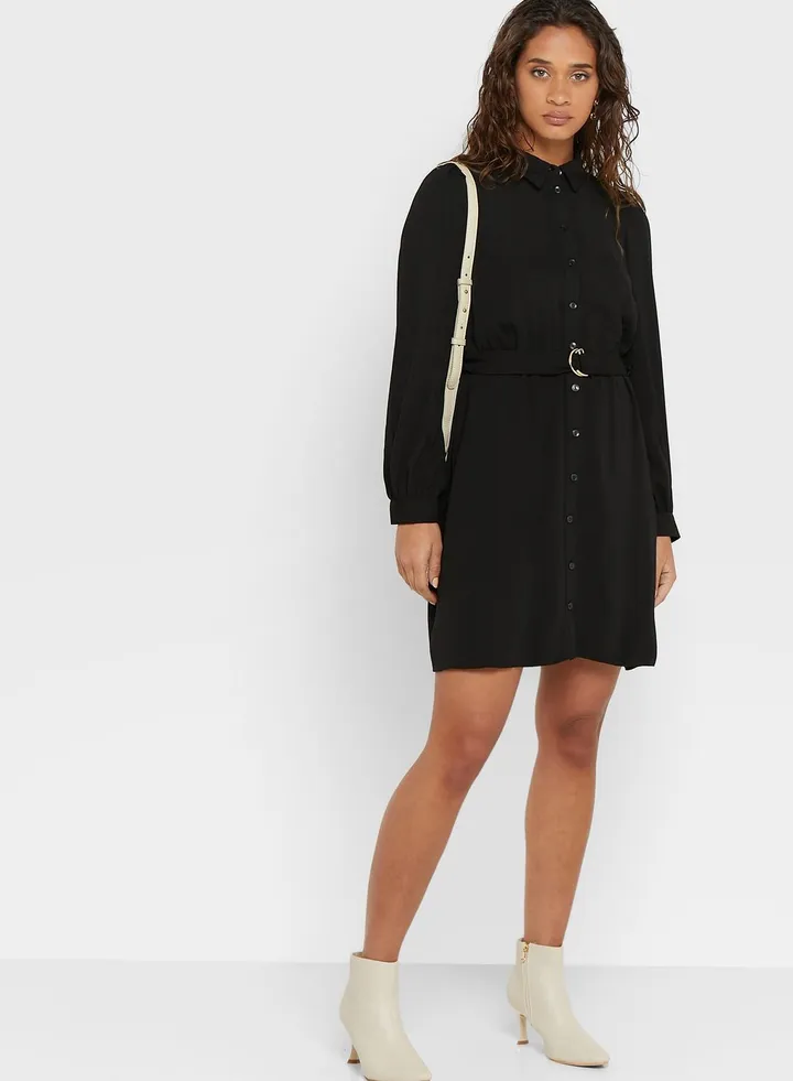 Button Detail Belted Shirt Dress