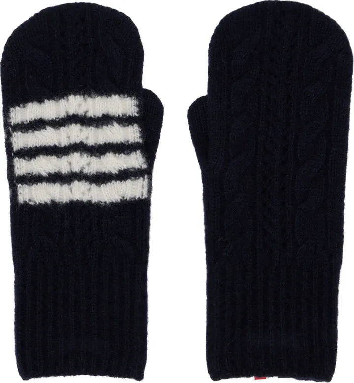 Thom Browne Navy Hairy 4-Bar Mittens