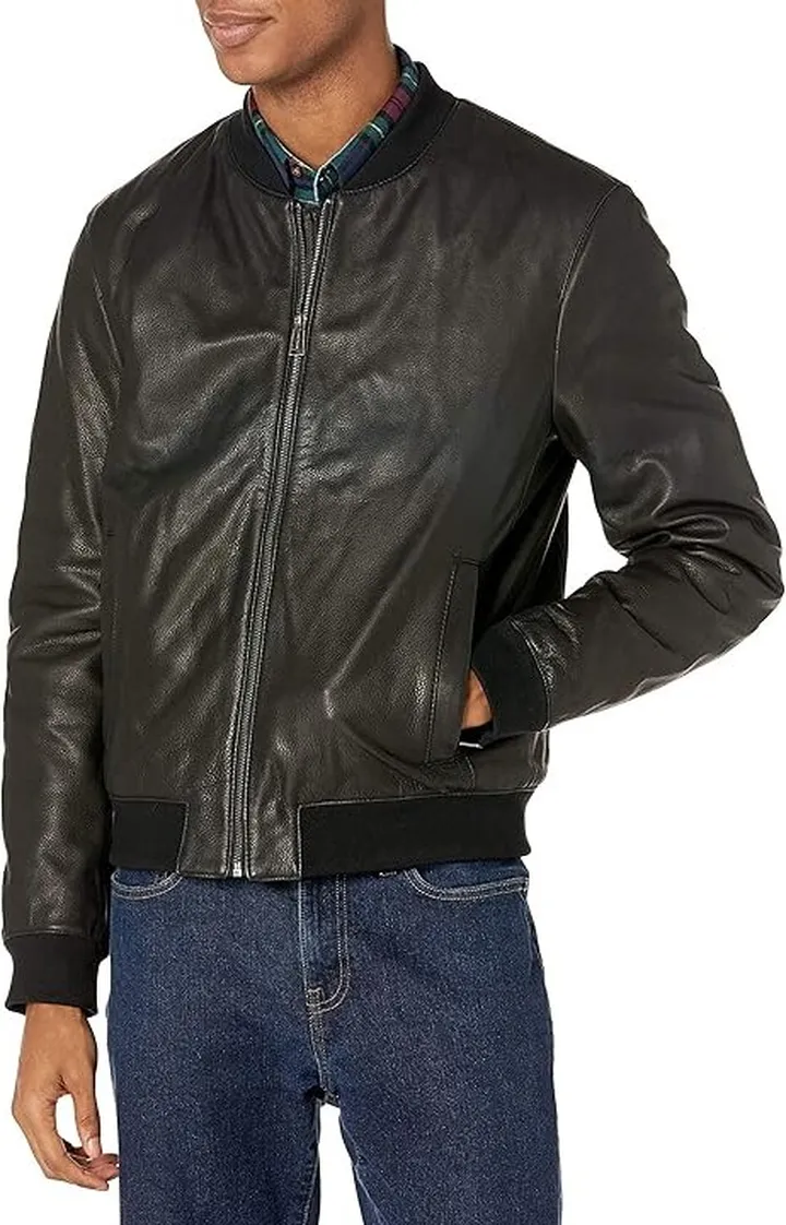 Cole Haan Men's Leather Quilted Lined Varsity Jacket (Black) Men's Jacket