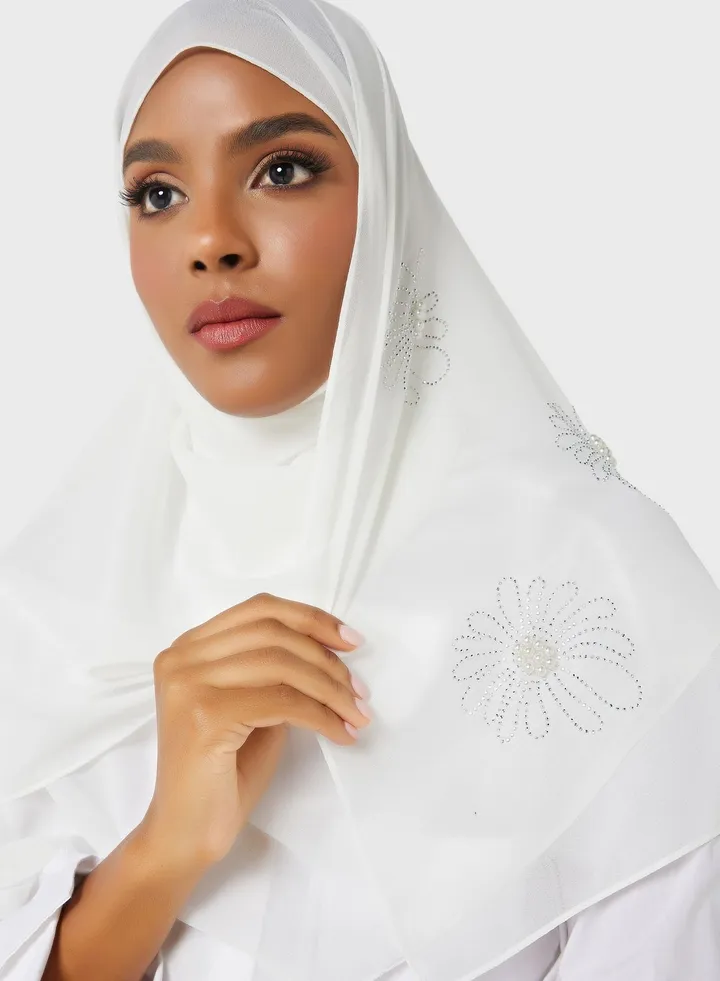 Pearl Floral Embellished Long Hijab Scarf
