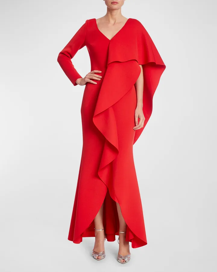 V-Neck Long-Sleeve Asymmetric Ruffle Cape Shoulder Gown