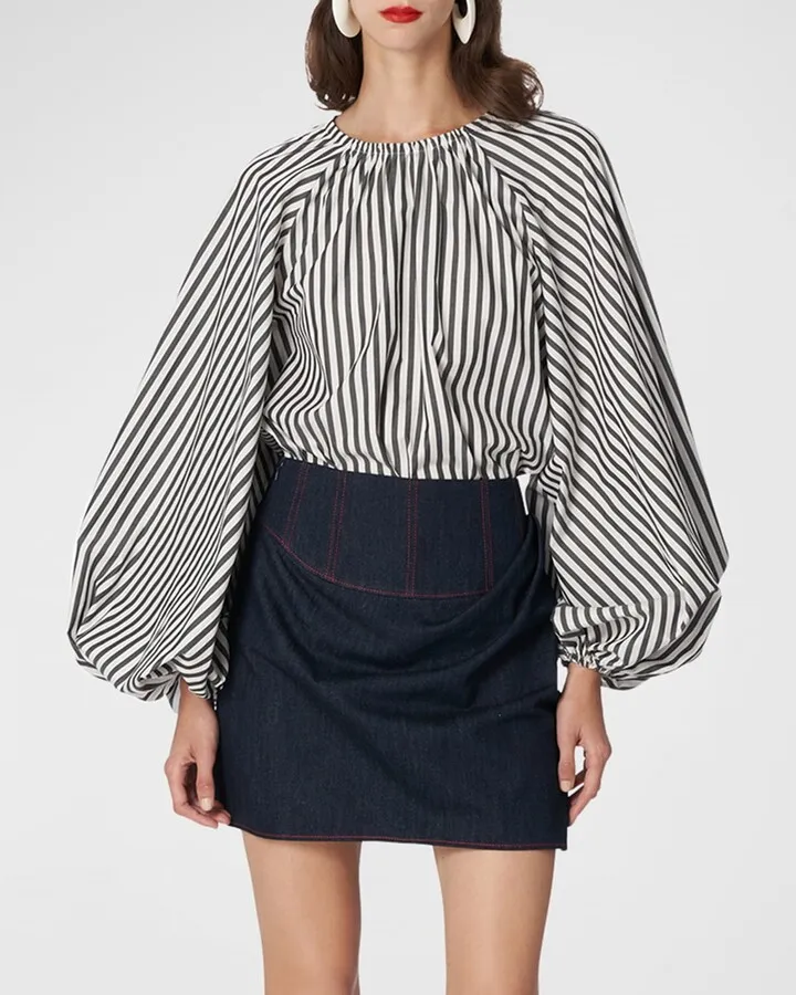 Striped Balloon-Sleeve Top
