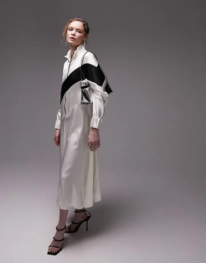Topshop zip through paneled chuck on midi dress in cream with contrast panel