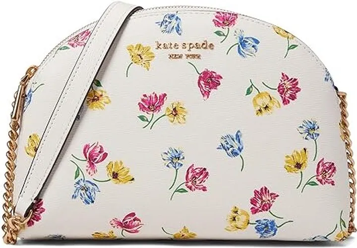 Kate Spade New York Morgan Tulip Toss Printed Soft Milling PVC Double Zip Dome Crossbody (Cream Multi) Handbags