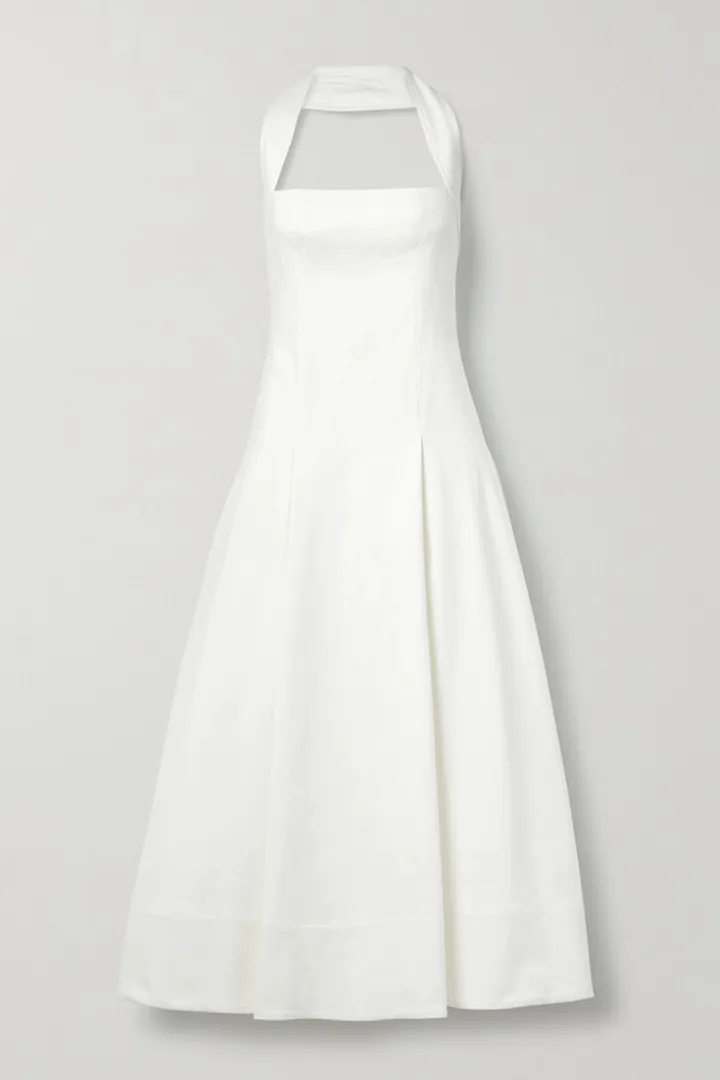 Khaite - Lalita Pleated Cotton-blend Twill Halterneck Midi Dress - White