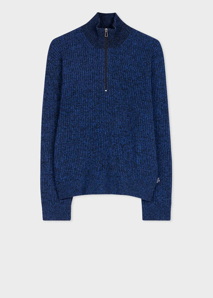 Blue And Black Marl Wool-Blend Half-Zip Sweater