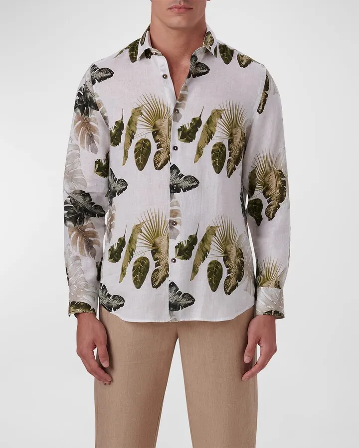 Men's Linen Leaf-Print Shaped Sport Shirt