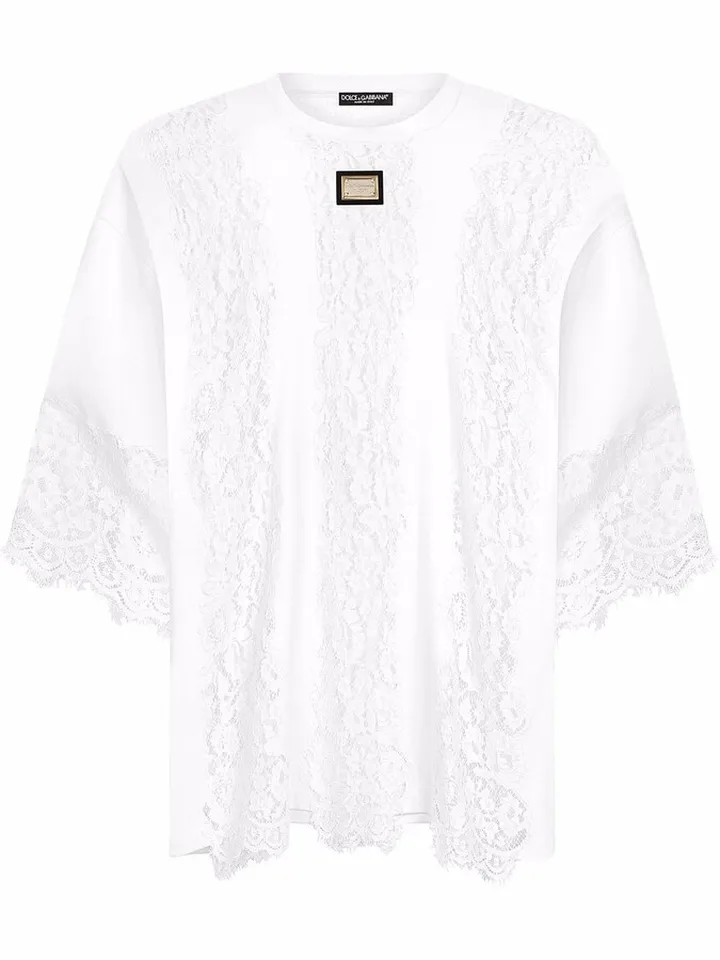 lace-panelled logo-plaque T-shirt