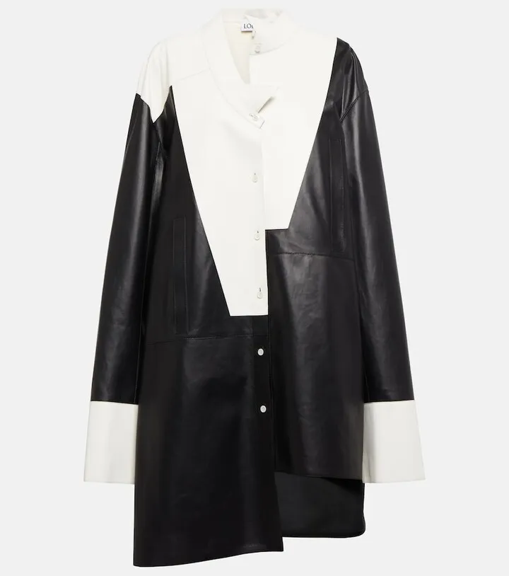 Asymmetric paneled leather shirt minidress
