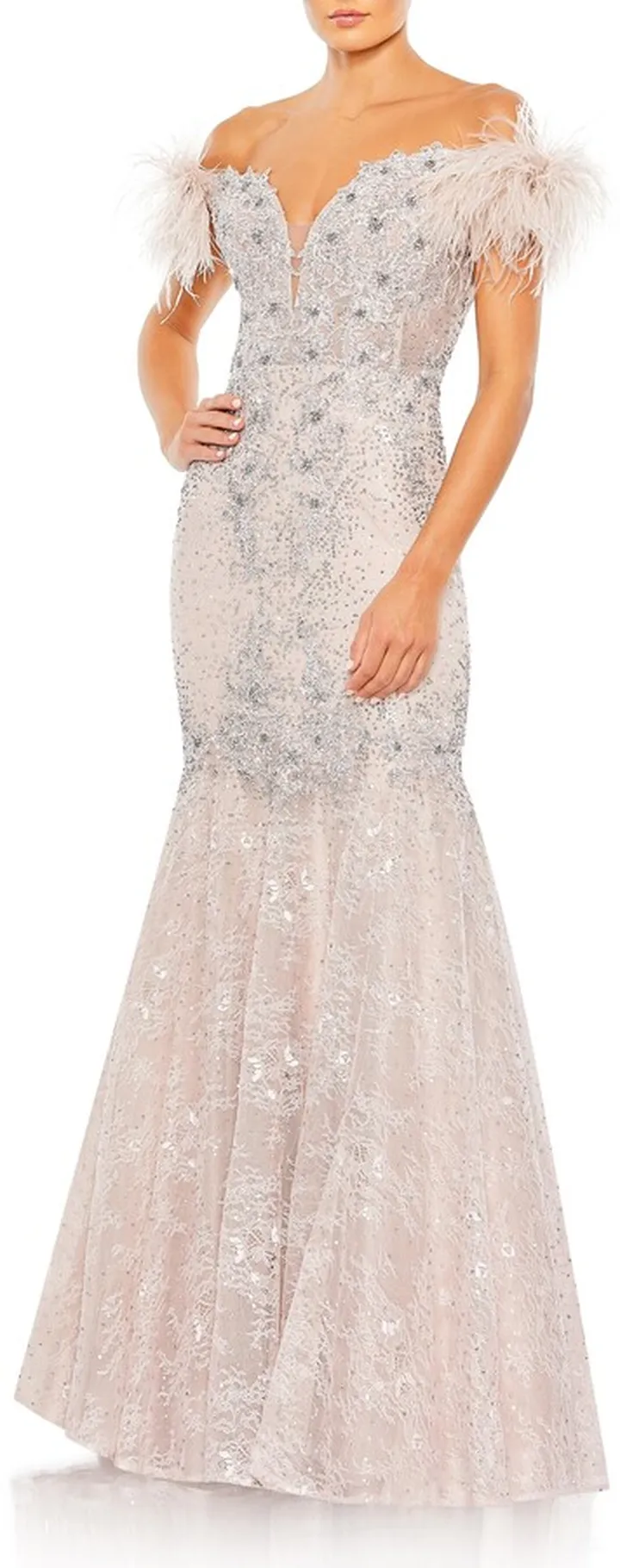 Beaded Feather Trim Off the Shoulder Mermaid Gown