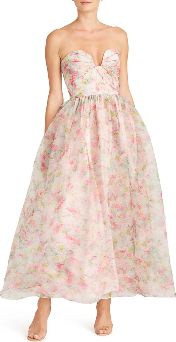 Floral Strapless Organza A-Line Gown