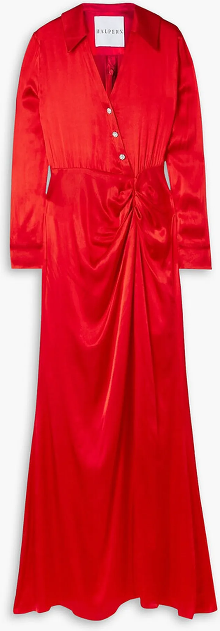 Crystal-embellished draped satin maxi dress