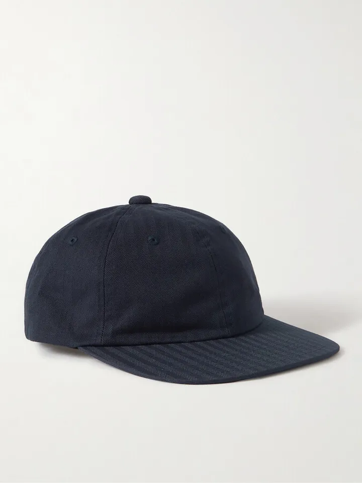 Logo-Embroidered Leather-Trimmed Herringbone Cotton Cap
