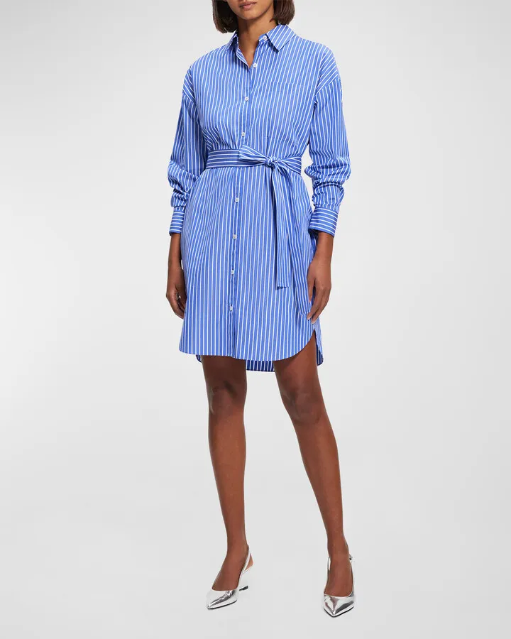 Long-Sleeve Oversized Tie-Belt Mini Shirtdress