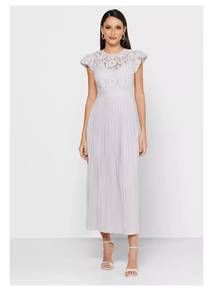 Little Mistress Tyler Grey Lace Pleated Midaxi Dress