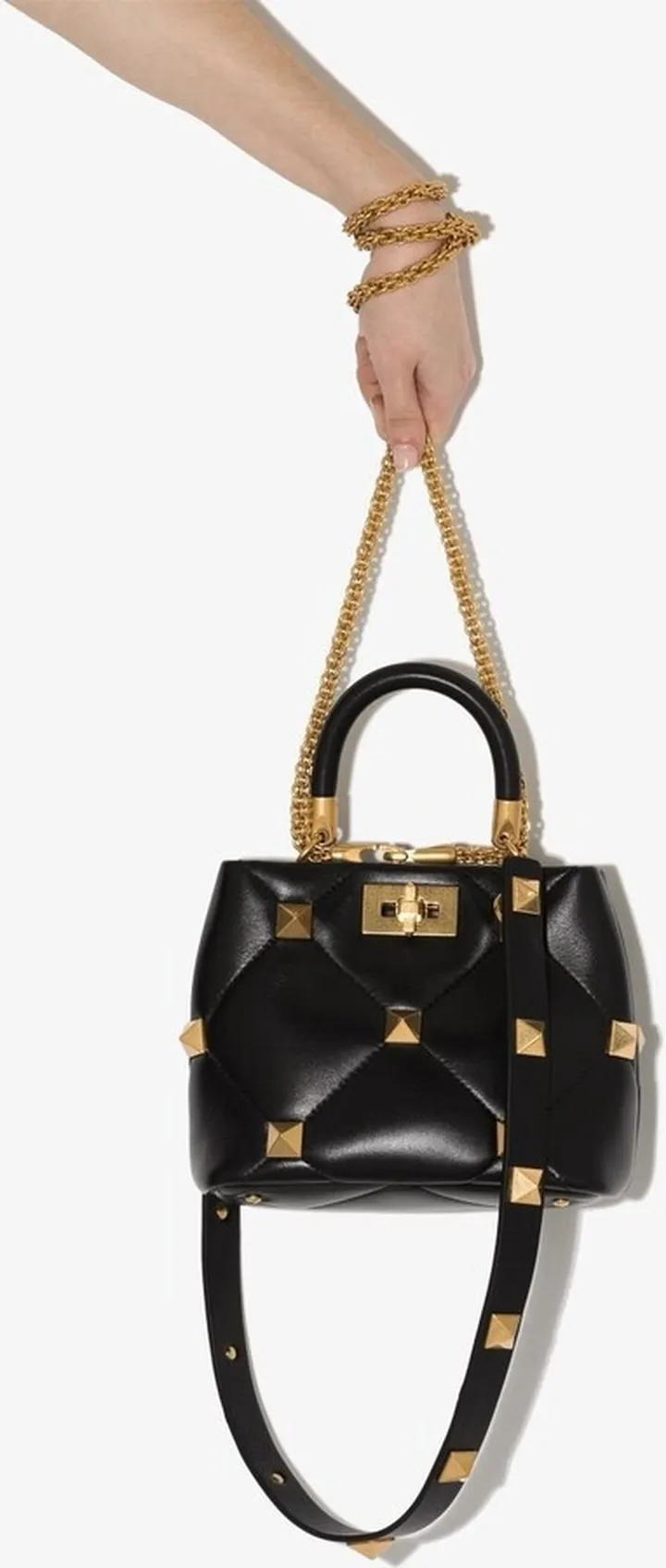 Black Roman Stud Small Leather Top Handle Bag