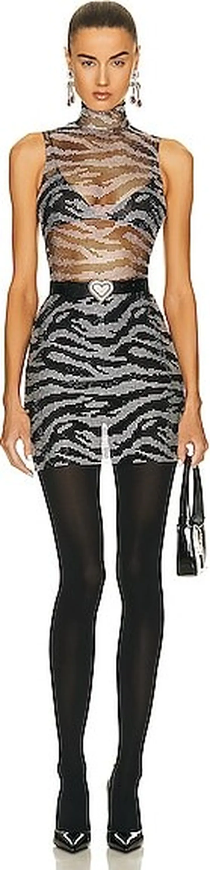 Alessandra Rich Zebra Pattern Crystal Net Mini Dress in Black