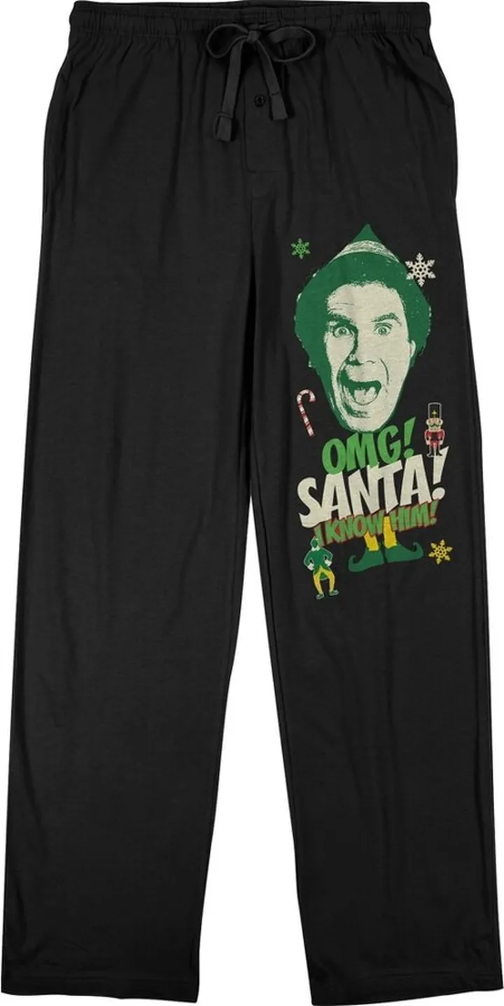 Elf “OMG! Santa! I Know Him! Men’s Black Graphic Sleep Pajama Pants-Small