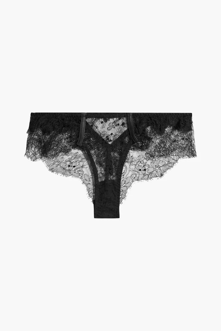 Adara leather-trimmed lace mid-rise briefs