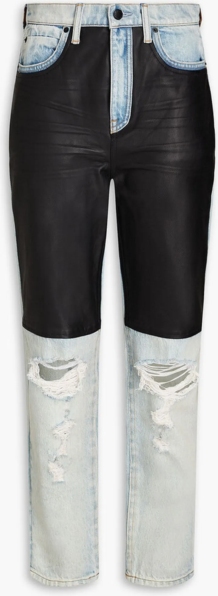 Leather-paneled distressed high-rise slim-leg jeans