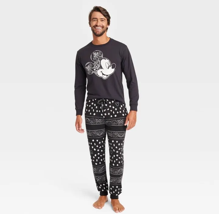 Men's Disney Mickey Bandana Print Long Sleeve Sweater Knit Pajama Set - Black L