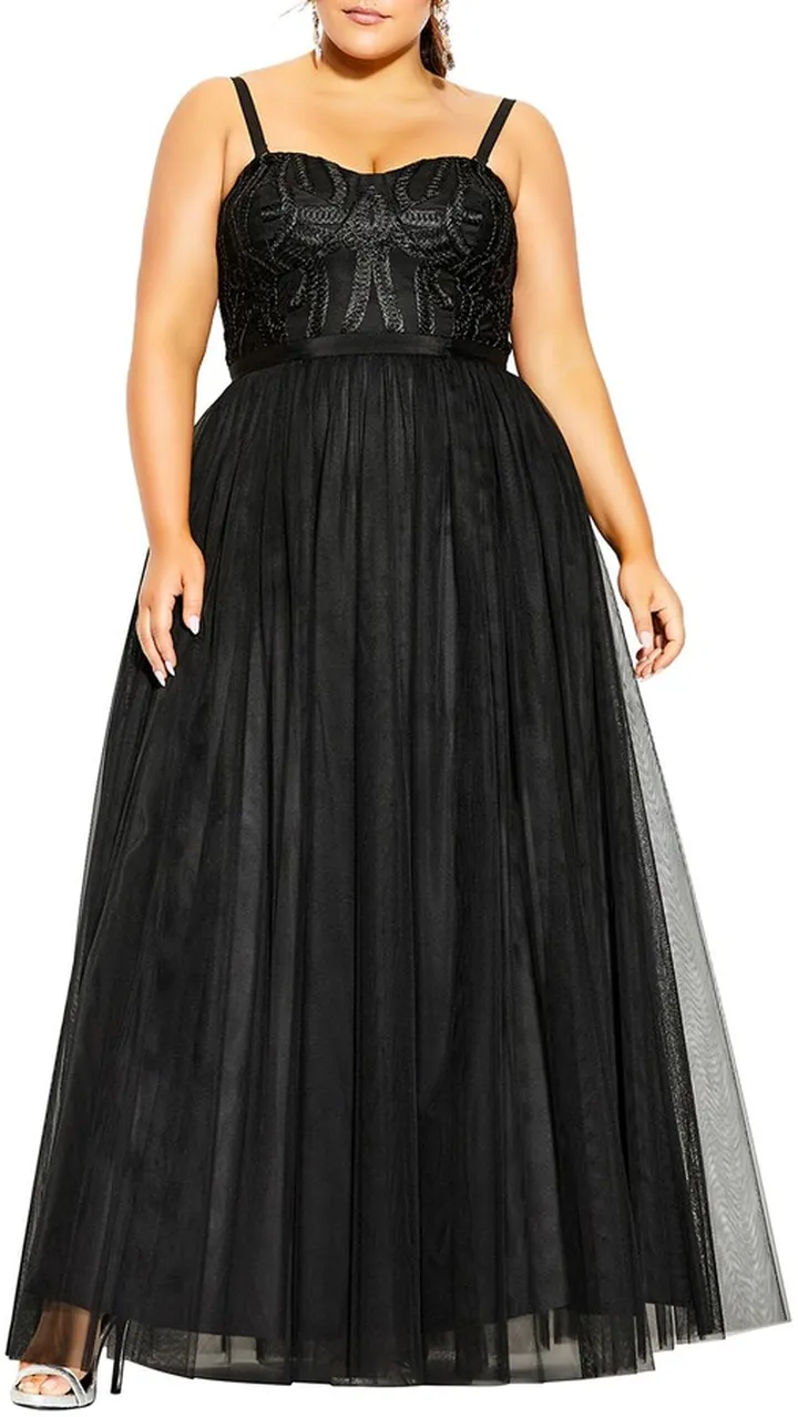 Antonia Embroidered Bodice Tulle Gown