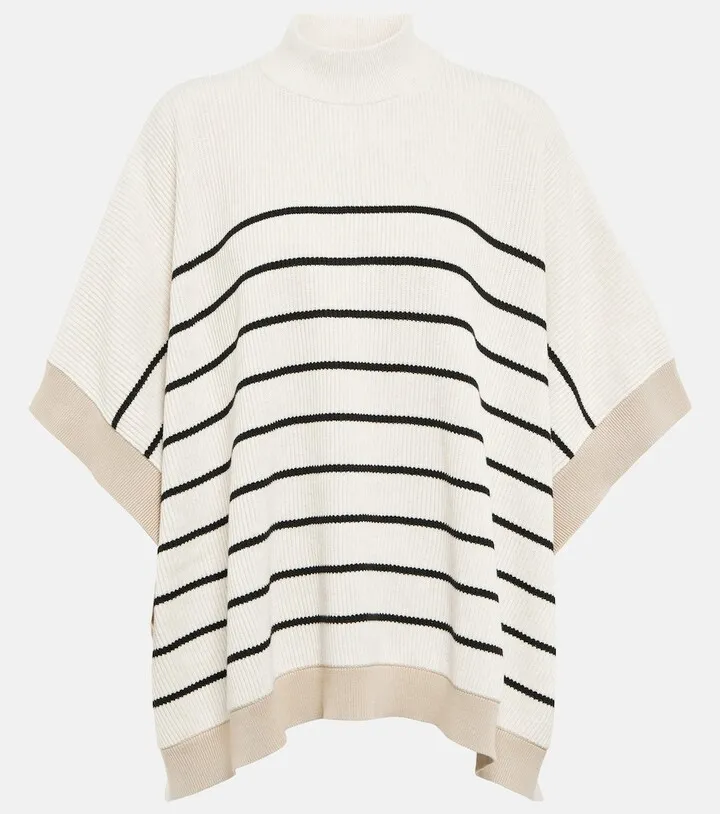 Striped ribbed-knit cotton poncho