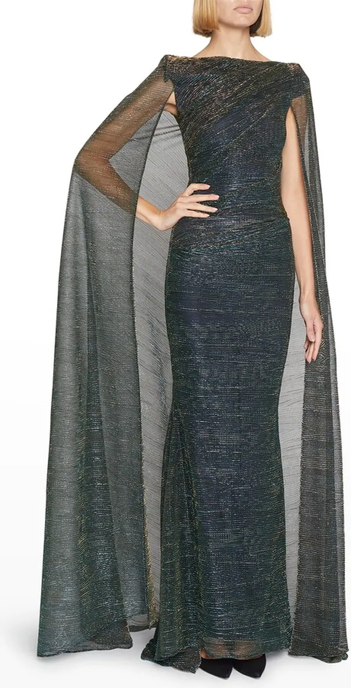 Metallic Voile Strong Shoulder Cape Gown