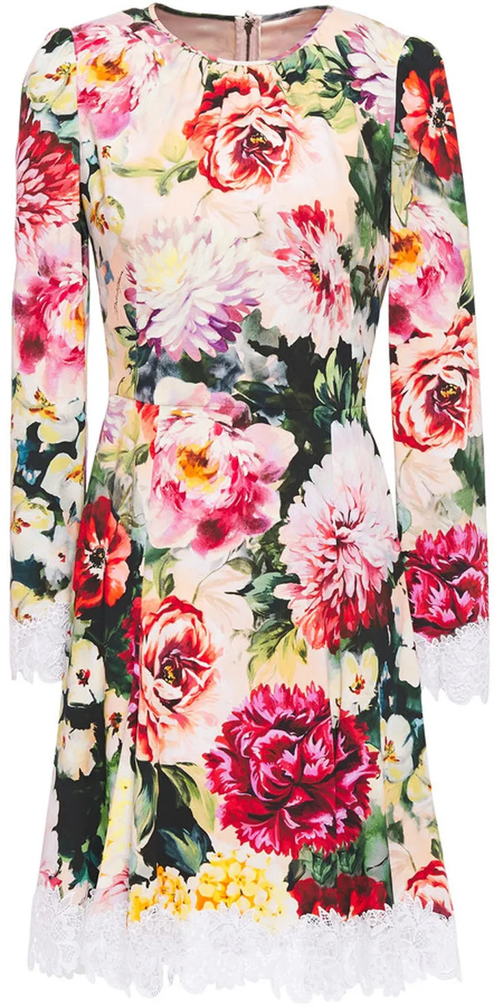 Lace-trimmed floral-print crepe mini dress