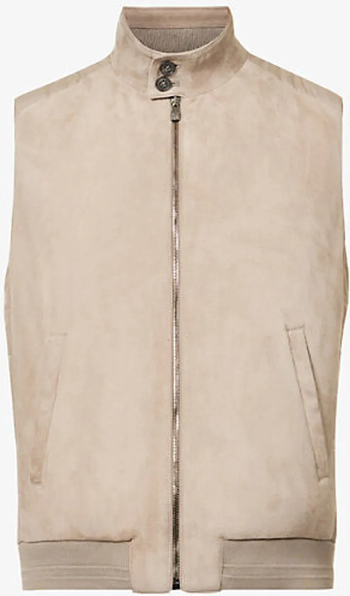 Mens Sand Funnel-neck Regular-fit Suede Gilet