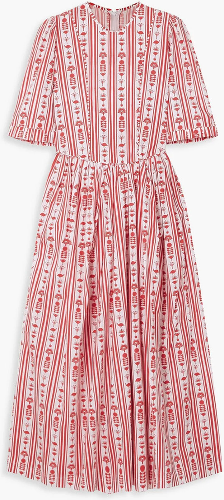 Gathered printed cotton-poplin midi dress
