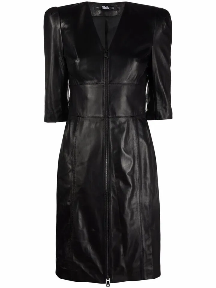 Puff-Sleeve Leather Zip Dress