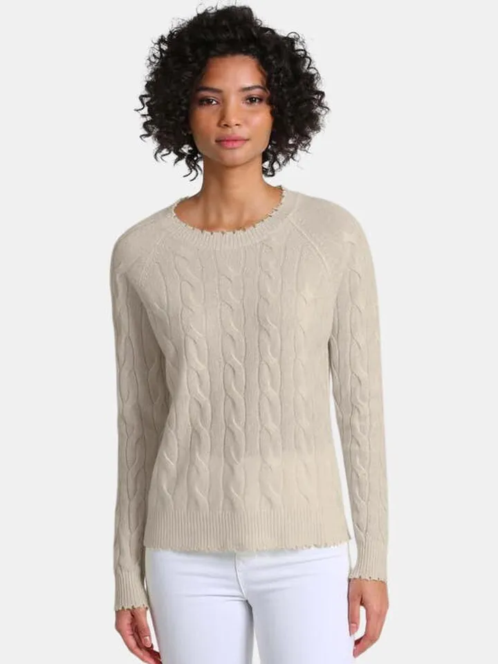 Minnie Rose Cashmere Cable Frayed Long Sleeve Crew - Brown