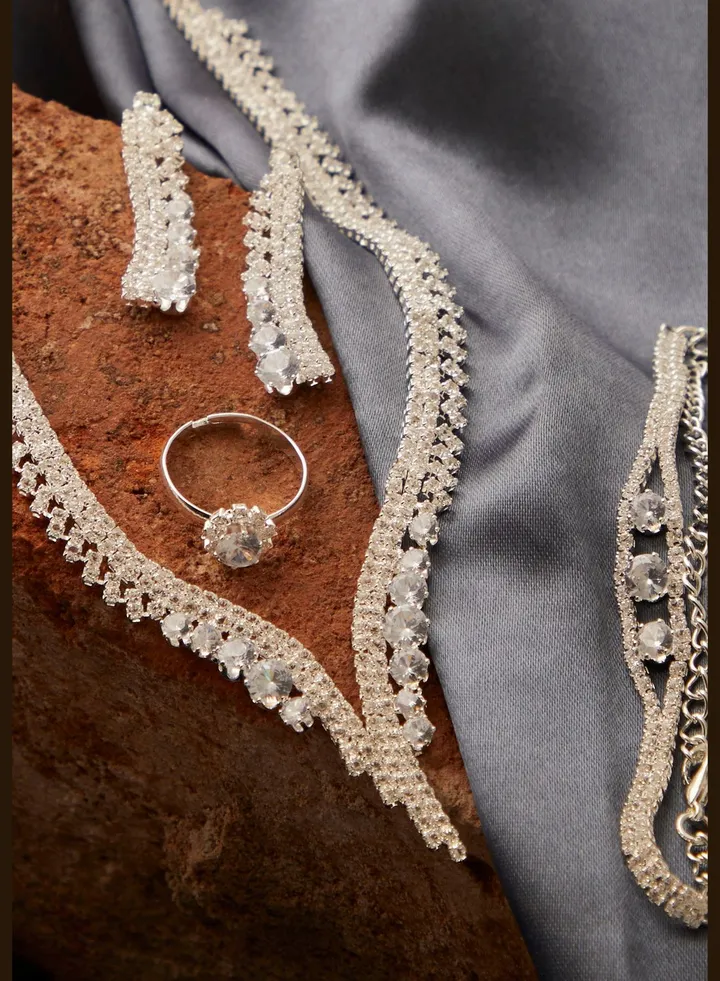 Silver Plated Designer Stone Necklace, Earrings, Bracelet and Ring Set